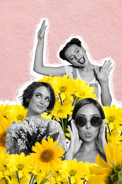 Collage Broschüre Von Attraktiven Fröhlichen Mädchen Genießen Schönen Frühlingstag Isoliert — Stockfoto