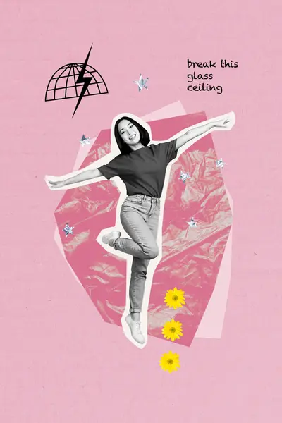 Colagem Brochura Motivacional Menina Positiva Alegre Com Mãos Abertas Quebrar — Fotografia de Stock