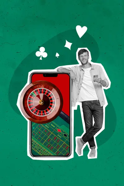Collage Photo Verticale Contemporaine Jeune Homme Jouant Jeu Blackjack Roulette — Photo