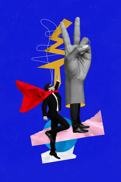 Creatief Abstract Template Collage Van Succesvolle Zakenman Superheld Kostuum Hand — Stockfoto