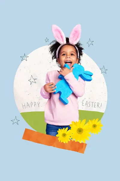 小さな少女の垂直創造的なコラージュは ウサギのおもちゃは イースターの休日を祝います 伝統的な招待奇妙な珍しいファンタジーの看板 — ストック写真
