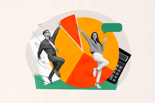 Colagem Imagem Composta Jovens Empresários Saltar Diagrama Ganhos Sucesso Calculadora — Fotografia de Stock