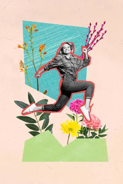 Colagem Imagem Cartaz Menina Encantadora Positiva Voando Apressando Loja Primavera — Fotografia de Stock