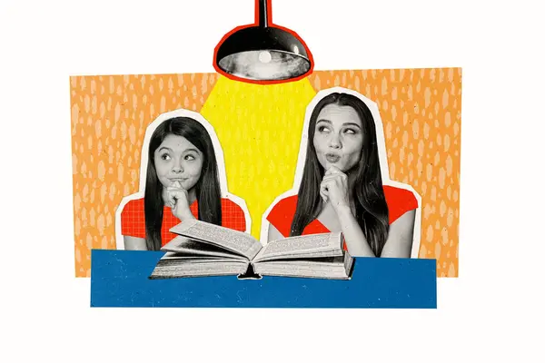 Trend Artwork Verbundbild Collage Von Schwesternschaft Schule Alter Zwei Schwestern — Stockfoto