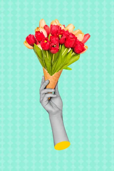 垂直写真コラージュポスター人間の腕ホールド花束バレンタインデー今日赤いチューリップを祝う春の休日 — ストック写真