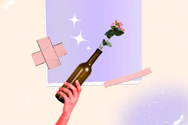 Creative abstract collage of hand hold bottle party pub bar champagne toast flower berries branch isolated on painted background.