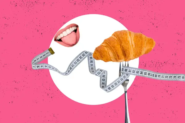 Creative Abstract Collage Mouth Eat Croissant Carbohydrate Fat Puff Pastry — Stock Photo, Image