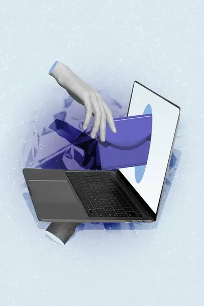 Vertikale Collage Bild Von Schwarz Weiß Effekt Arm Halten Laptop — Stockfoto