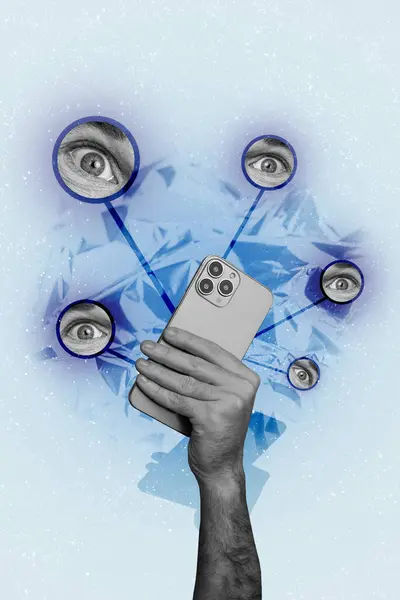 Verticale Immagine Collage Colore Bianco Nero Braccio Tenere Smart Phone — Foto Stock