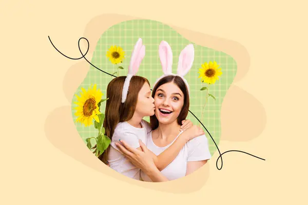 可爱女儿亲吻脸颊妈妈庆祝复活节传统邀请函奇特奇特的奇幻广告牌的创意拼贴 — 图库照片