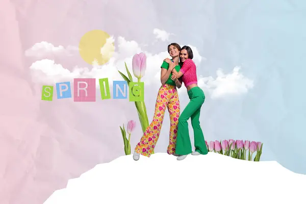 Creative trend collage of cute female friends hugging celebrate spring international woman day postcard weird freak bizarre unusual.