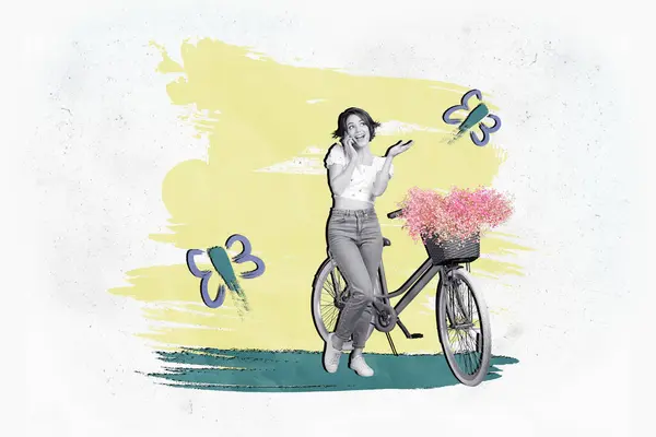 富有创意的黑白效果女孩拼凑在一起讲电话自行车篮子里的鲜花飞舞蝴蝶隔离在彩绘的背景下 — 图库照片