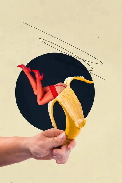 Composite Collage Image Hand Hold Banana Legs Red Lingerie Erotic — Stock Photo, Image