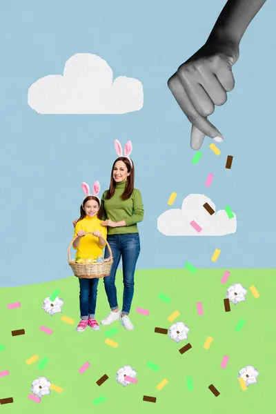 Creative Poster Collage Cute Mom Daughter Hunt Eggs Celebrate Easter — Stock Photo, Image
