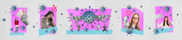Kompozitní Panoramatická Koláž Šíření Koronavirových Karanténních Pandemických Tablet Bezkontaktní Teploměr — Stock fotografie