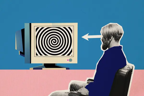 复合素描图像趋势艺术品3D照片拼贴人物形象催眠男子坐在电视上观看假新闻洗脑机 — 图库照片