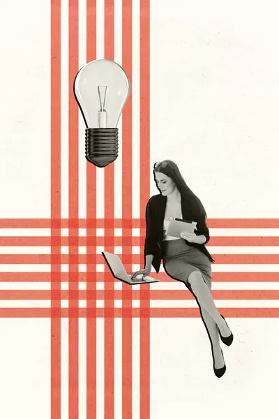 Collage Diseño Moderno Vertical Eureka Idea Pensativa Dama Asistente Negocios — Foto de Stock
