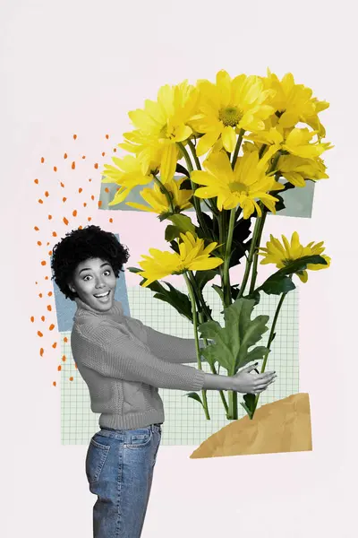 Collage Postal Imagen Alegre Adorable Encantadora Chica Celebrar Enorme Fresco —  Fotos de Stock