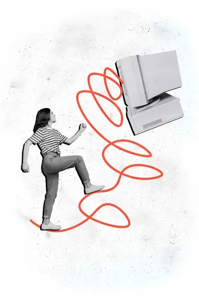 Vertical Collage Illustration Slave Control Worker Woman Running Computer Monitor — Stock Photo, Image