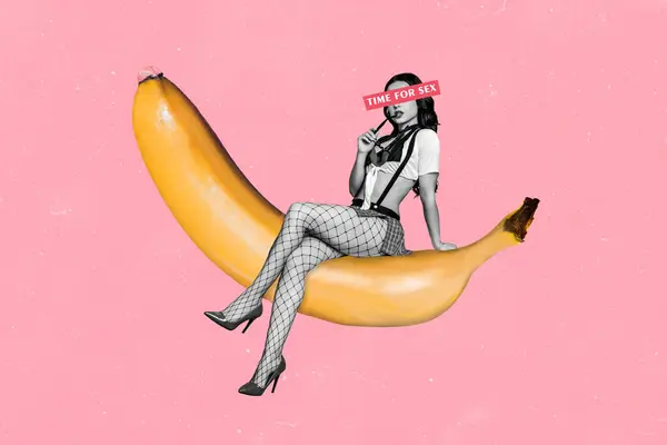Collage Image Pinup Pop Retro Sketch Time Sex Sit Banana — Stock Photo, Image