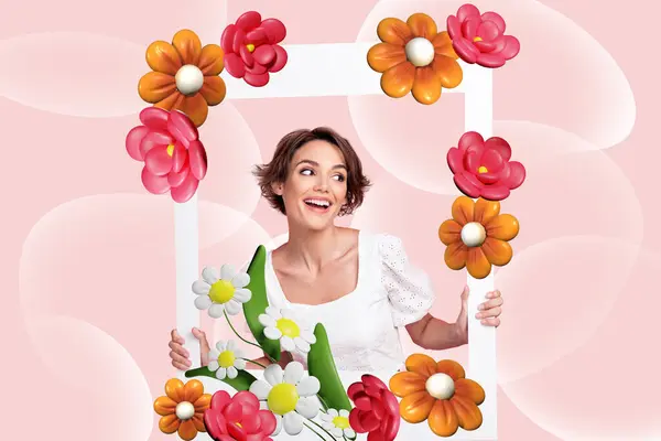 Retro 3d magazine collage of dreamy lady tacking photo holding flower frame isolated pastel color background.