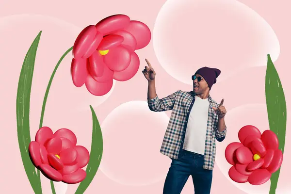 Szkic Collage Zdjęcie Funky Podekscytowany Facet Wybierając Rosnące Kwiaty Odizolowany — Zdjęcie stockowe