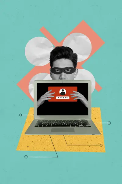 Collage Photo Man Hacker Steal Confidential Private Information Password Social — Stock Photo, Image