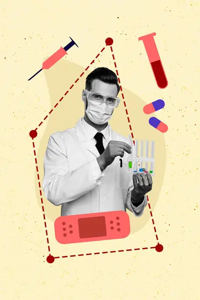 Collage Bild Von Berufsmediziner Arzt Wissenschaftler Halten Röhrengläser Mit Gegengift — Stockfoto
