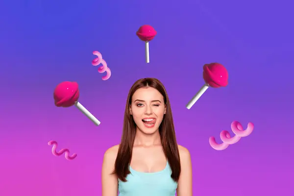 Foto Collage Bild Junge Flirty Mädchen Lecken Mund Zunge Blinzeln — Stockfoto