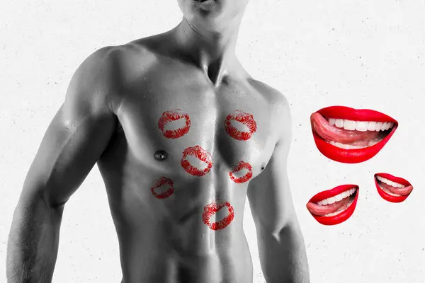 Collage Póster Imagen Buen Hombre Atractivo Con Besos Rojos Cuerpo — Foto de Stock