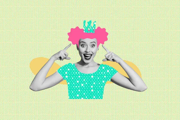 Creative Composite Retro Photo Collage Funky Impressed Woman Indicating Crown — Stock Photo, Image
