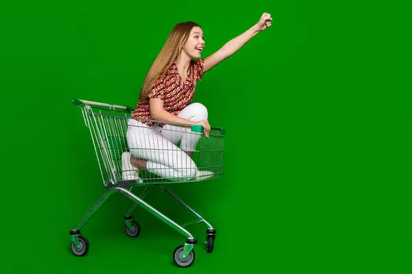 Full Size Photo Excited Impressed Girl Riding Shopping Cart Raising — Stock Photo, Image