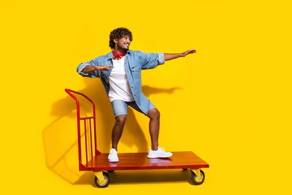 Full Body Photo Attractive Man Ride Warehouse Cart Wink Dressed — Stock Photo, Image