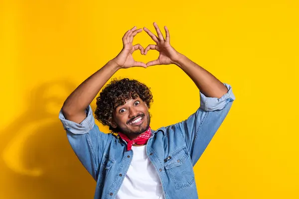 Photo Portrait Attractive Young Man Hands Show Heart Gesture Dressed — Stock Photo, Image