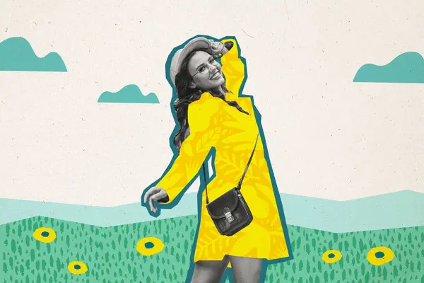 Abstrakcyjny Twórczy Grafika Szablon Kolaż Beztroski Lady Korzystających Spacery Świeżym — Zdjęcie stockowe