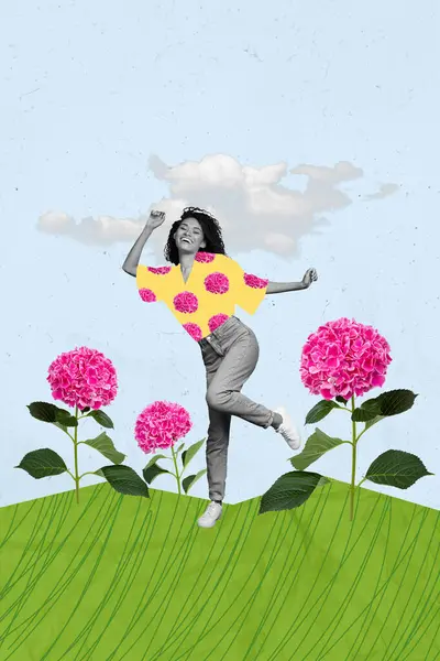 孤立した創造的な背景を育む花を楽しむファンキーなケアフリーの女性のコラージュアートワークの絵 — ストック写真