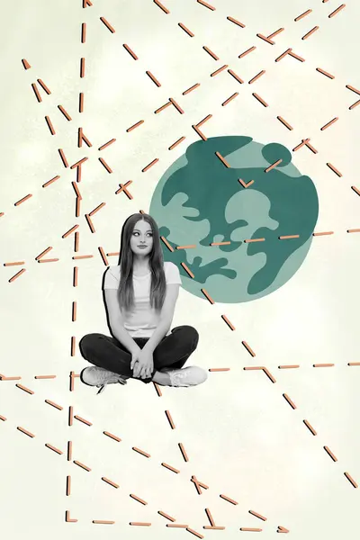 Magazine Picture Lines Collage Young Girl Activist Looking Blue Planet — Stock Photo, Image