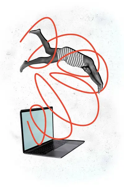 Collage Vertikal Illustration Hoppa Kille Dyka Laptop Välja Bästa Utväg — Stockfoto