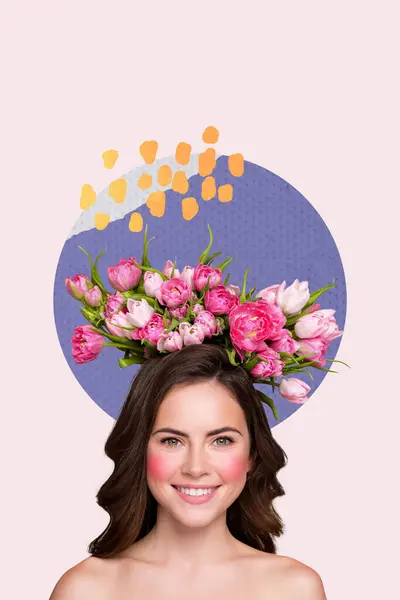 Vertical Photo Collage Charming Sweet Young Woman Flowers Blossom Wreath — Stock Photo, Image