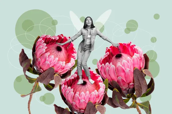 トレンドアートワークスケッチコンポジット3D写真コラージュ 巨大なタンパク質の花の春に蝶の翼が立っている若い驚いた女性 — ストック写真