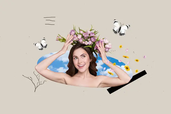 トレンドアートワーク複合画像 若い魅力的な女性の手のシュールリアルコラージュ チューリップ春の花束を頭に新鮮な季節 — ストック写真