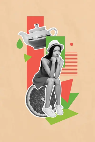 Vertical creative collage poster sitting young upset sad girl orange slice citrus porcelain teapot pouring drop lemonade.