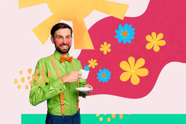 Composite abstract collage of attractive guy weari shirt drink coffee relax spring flowers sun suspender isolated on painted background.
