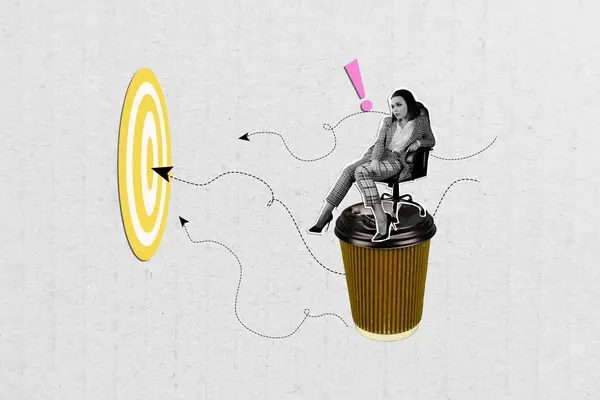 Kreativ Forretningskoncept Collage Ung Kvinde Sidder Kontorstol Med Kaffe Ser - Stock-foto