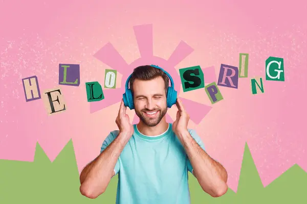 Abstract collage positive man blue wireless headset listen music enjoy spring time warm bloom isolated on painted background.