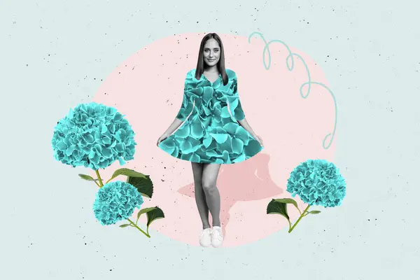 Collage Fotos Compuesto Chica Alegre Positivo Vestido Cursi Hortensia Azul —  Fotos de Stock