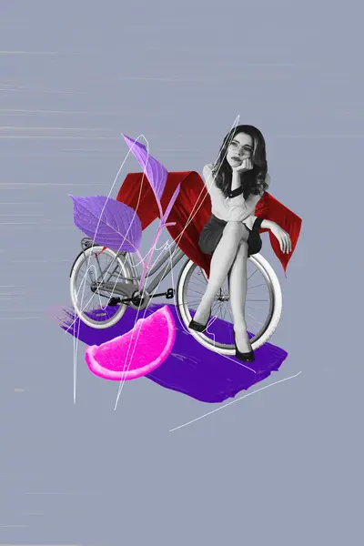Vertical Foto Collage Sentado Joven Negocio Señora Bicicleta Molesto Reflexivo — Foto de Stock