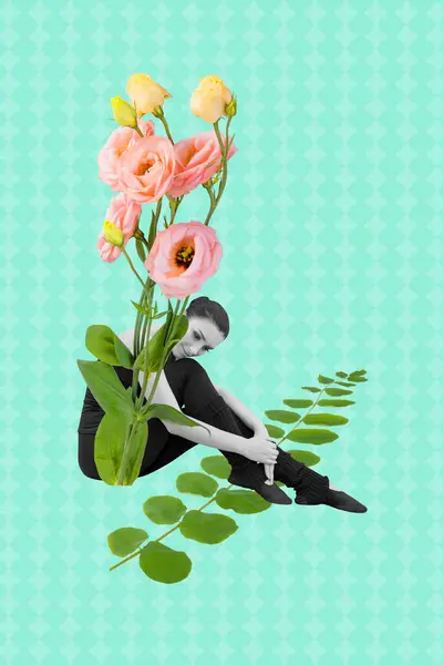 Lodret Collage Billede Sidder Ung Kvinde Drømmer Tænke Foråret Skønhed - Stock-foto