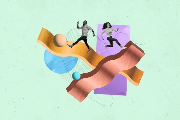 Kollázs Műalkotás Elvont Illusztrációja Két Fiatal Barátok Futó Körül Geometriai — Stock Fotó