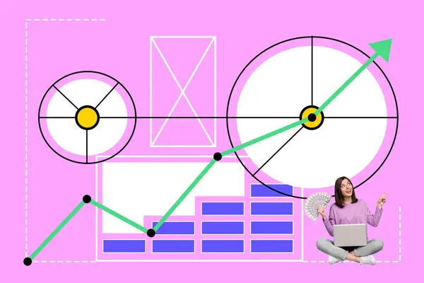 Collage artwork picture of dreamy excited lady showing money growth startup presentation isolated pink color background.
